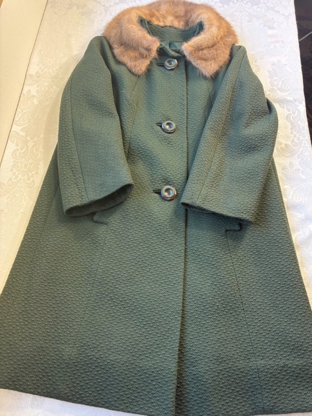 VTG 1950s Hockanum Benara Green Wool Swing Coat Mink Fur Collar Union Made M L - Picture 3 of 10